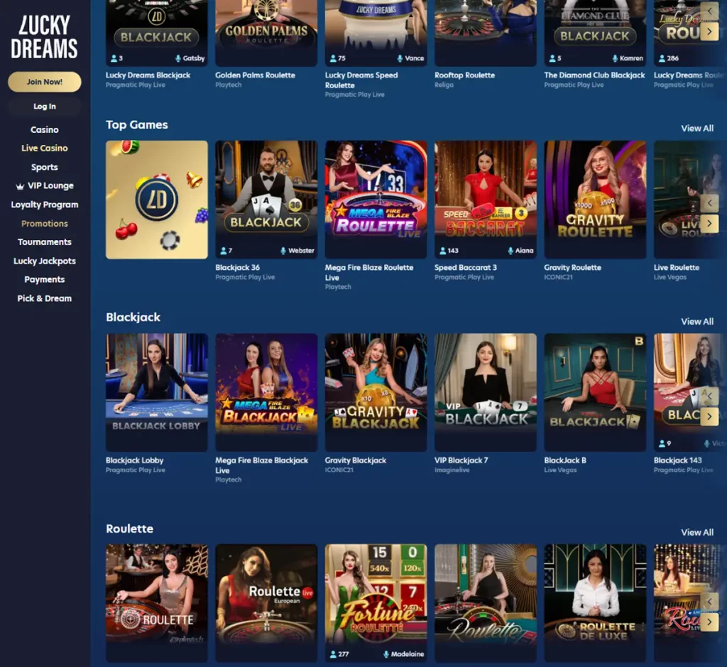 Lucky Dreams Casino desktop live dealer games collection screenshot showing roulette, blackjack and baccarat tables in lobby view - tested