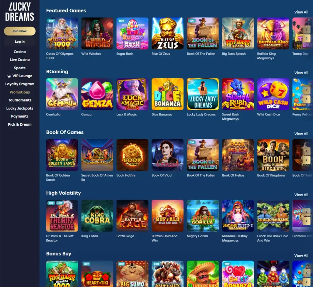 Lucky Dreams Casino desktop slots variety screenshot showing multiple slot categories, featured games and provider filters - tested