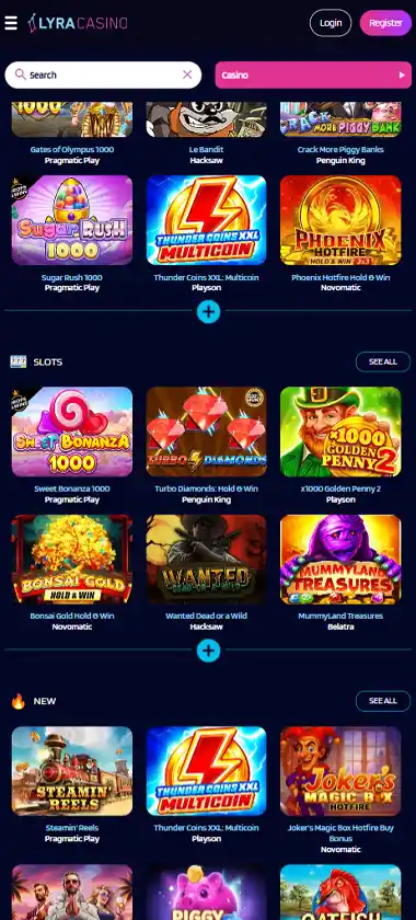 LyraCasino mobile homepage screenshot displaying main navigation, featured games and mobile-friendly interface/navigation - tested
