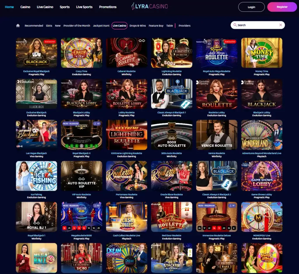 LyraCasino desktop live dealer games collection screenshot showing roulette, blackjack and baccarat tables in lobby view with categories and provider filters - tested