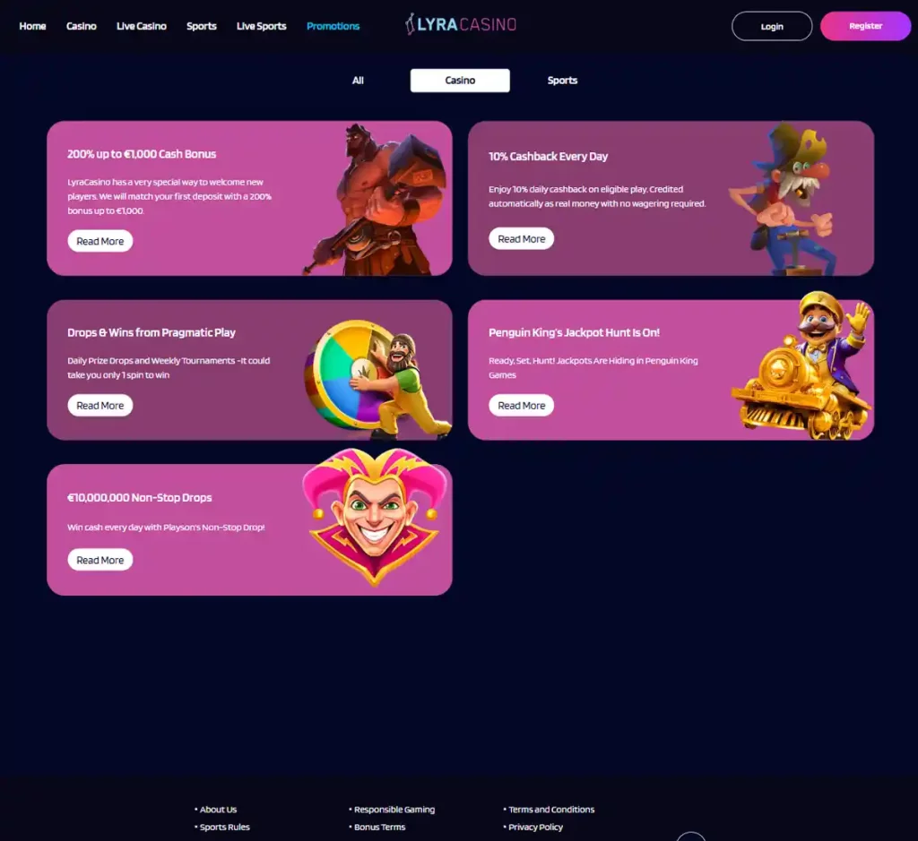 LyraCasino desktop promotions screenshot showing promotional banners, bonus offers and claim instructions with categories and filter options - tested