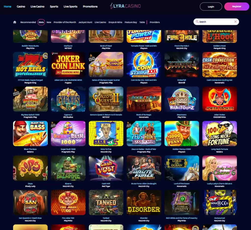 LyraCasino desktop slot screenshot showing multiple slot categories, featured games and provider filters - tested