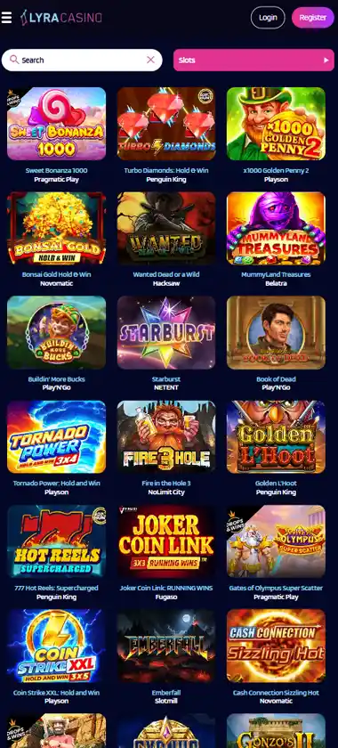 LyraCasino mobile slot screenshot displaying featured slots, categories and touch-optimized navigation - tested