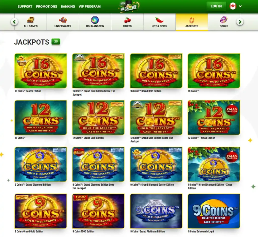 MaChance Casino desktop jackpots screenshot showing progressive jackpot titles, prize amounts and provider filters - tested