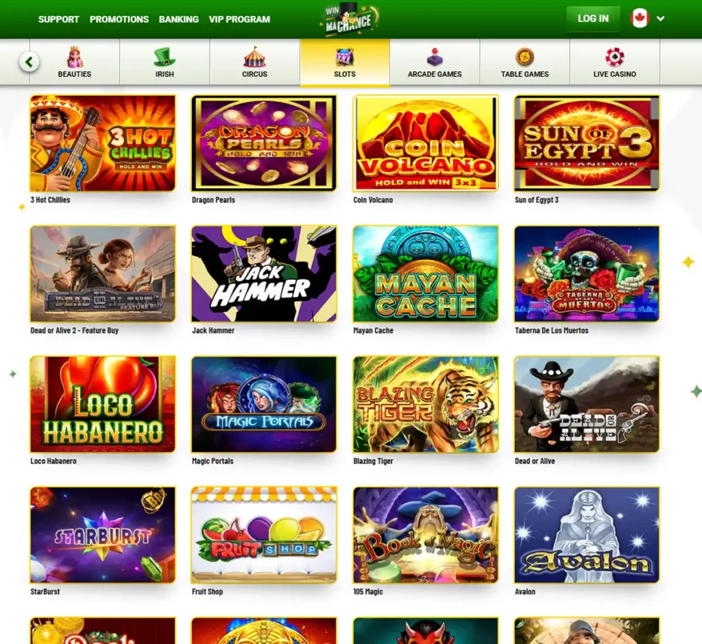 MaChance Casino desktop slot screenshot showing multiple slot categories, featured games and provider filters - tested