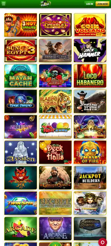 MaChance Casino mobile slots variety screenshot displaying featured slots, categories and touch-optimized navigation - tested