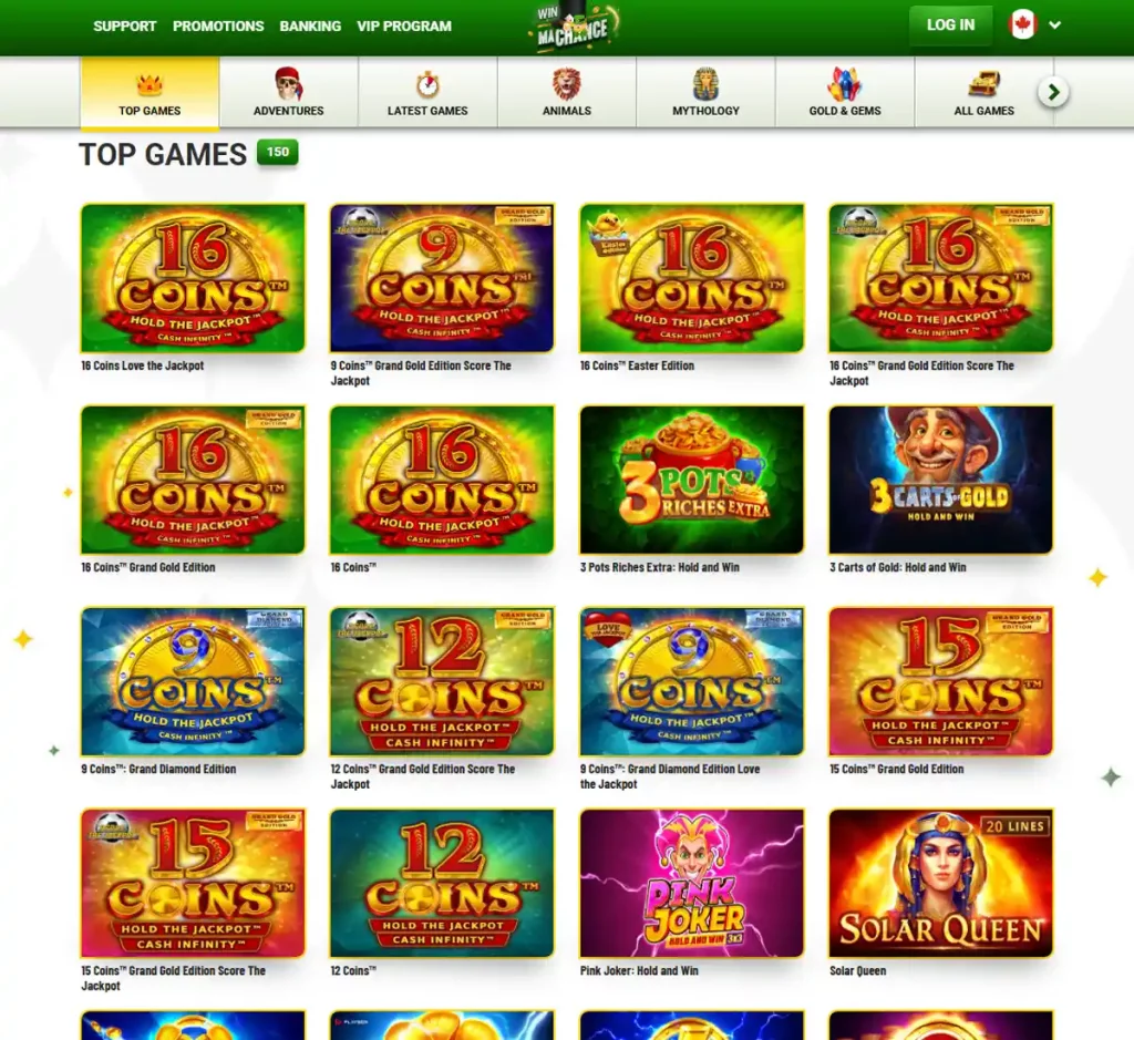 MaChance Casino desktop top games screenshot showing top games, hot and featured titles and provider filters - tested