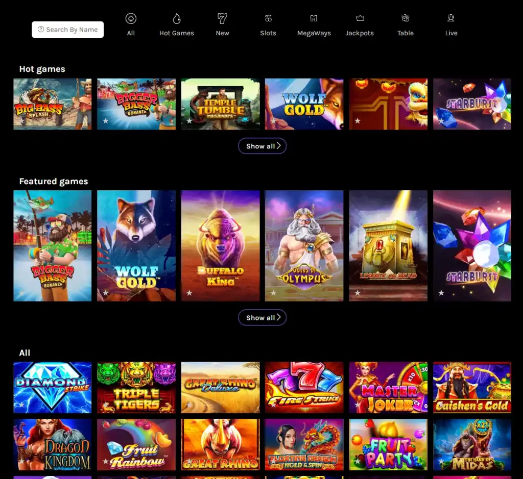 Magic Win Casino desktop homepage screenshot showing main navigation, featured games and promotional banners - tested