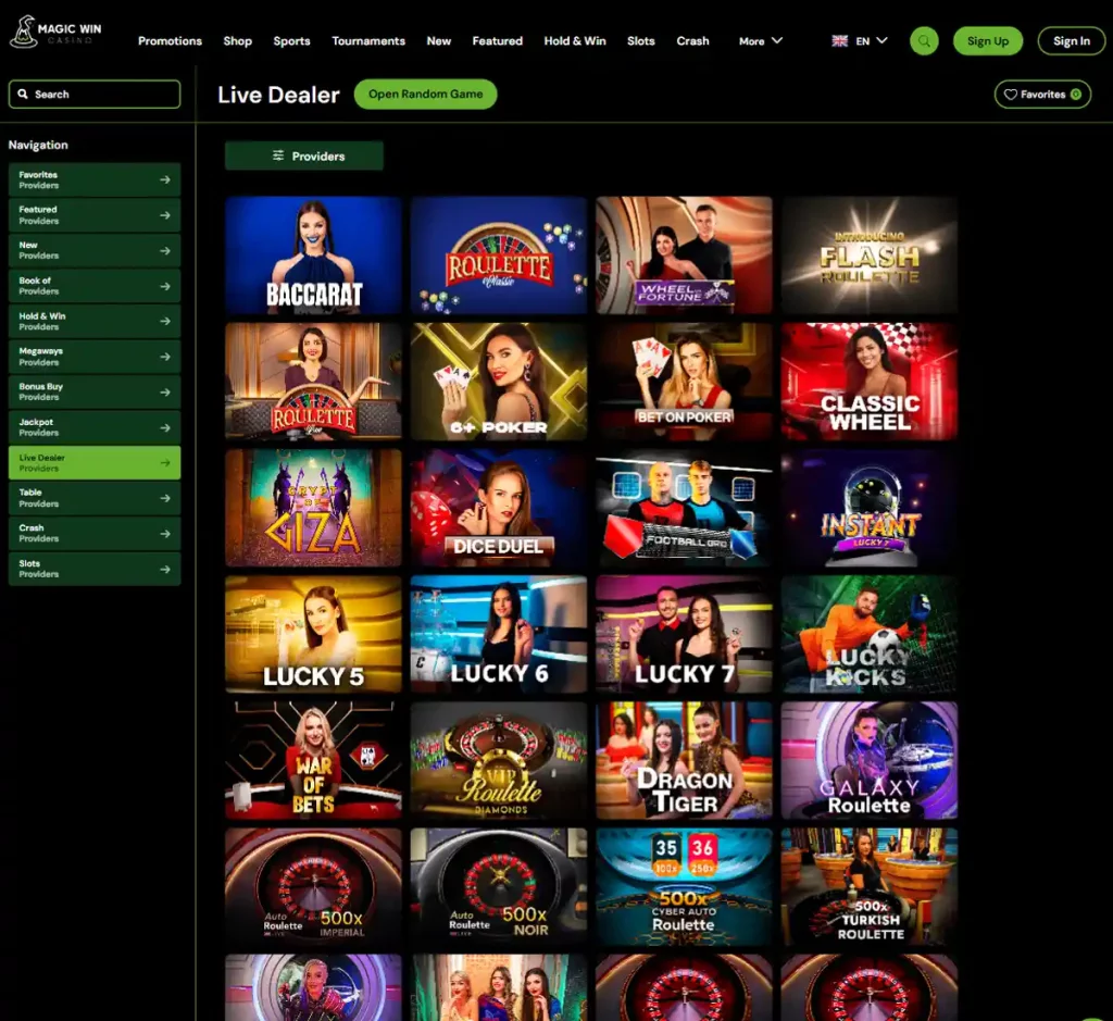 Magic Win Casino desktop live dealer games collection screenshot showing roulette, blackjack and baccarat tables in lobby view with categories and provider filters - tested