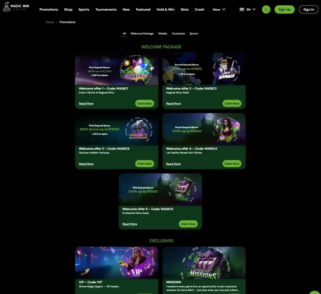 Magic Win Casino desktop promotions screenshot showing promotional banners, bonus offers and claim instructions with categories and filter options - tested