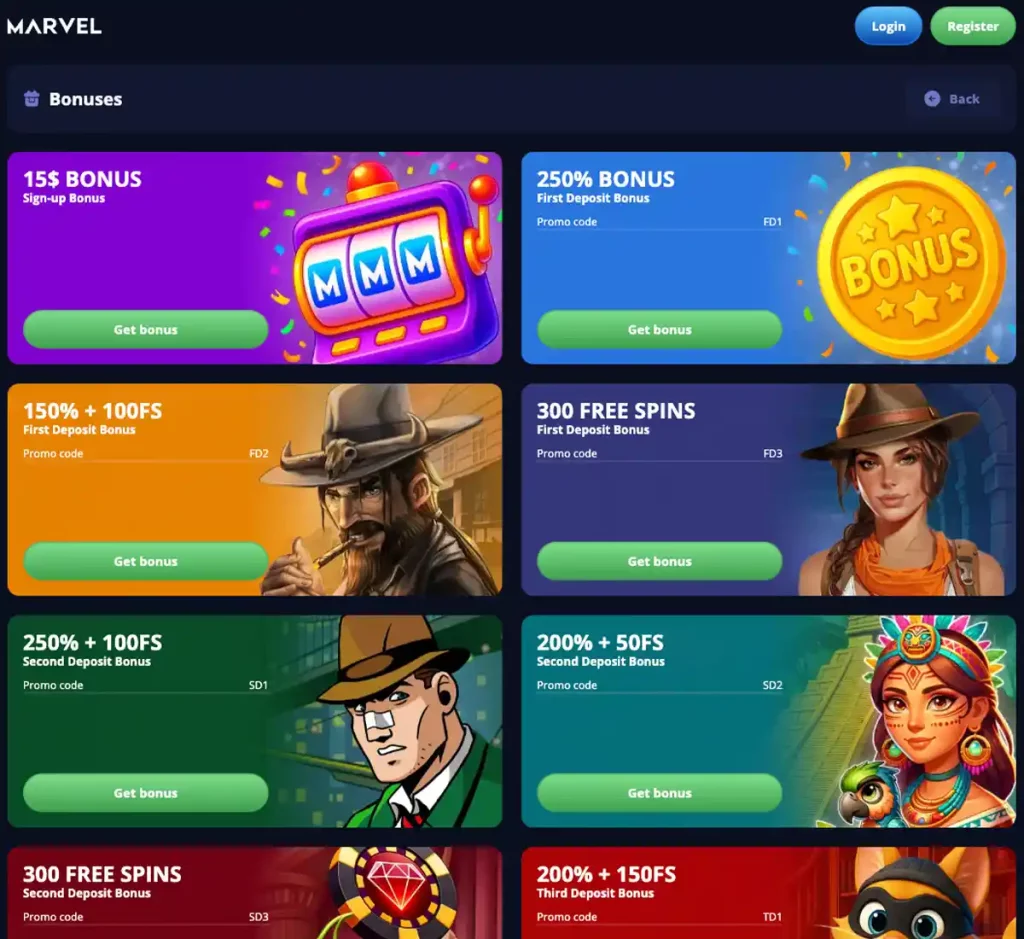 Marvel Casino desktop bonuses screenshot showing promotional banners, bonus offers and bonus details in the casino lobby - tested