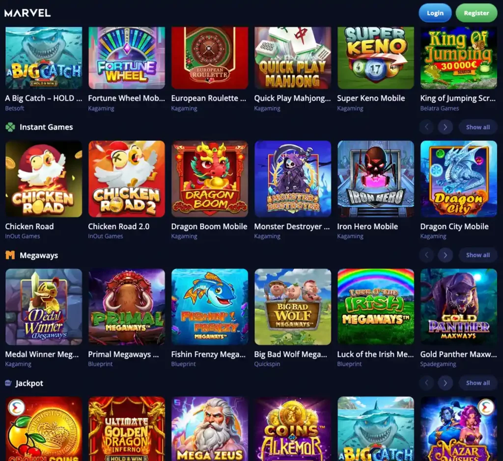 Marvel Casino desktop homepage screenshot showing casino lobby with featured games, promotions and top navigation - tested