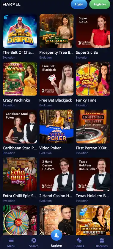 Marvel Casino mobile live casino screenshot displaying live dealer tables including roulette, blackjack and baccarat with mobile lobby navigation and betting interface - tested