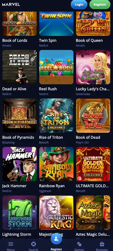 Marvel Casino mobile slots screenshot showing slot game thumbnails, categories and featured titles in the mobile game lobby - tested
