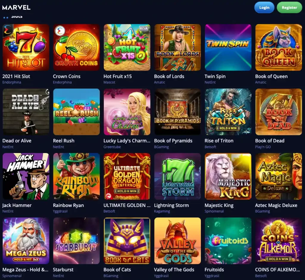 Marvel Casino desktop slots screenshot showing slot categories, featured titles and game providers in the casino lobby - tested