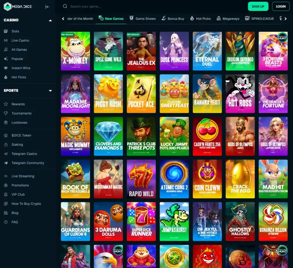 Megadice Casino desktop new games screenshot showing featured new releases, categories and provider filters - tested