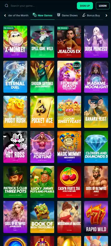 Megadice Casino mobile new games screenshot showing featured new releases, categories and touch-optimized navigation - tested