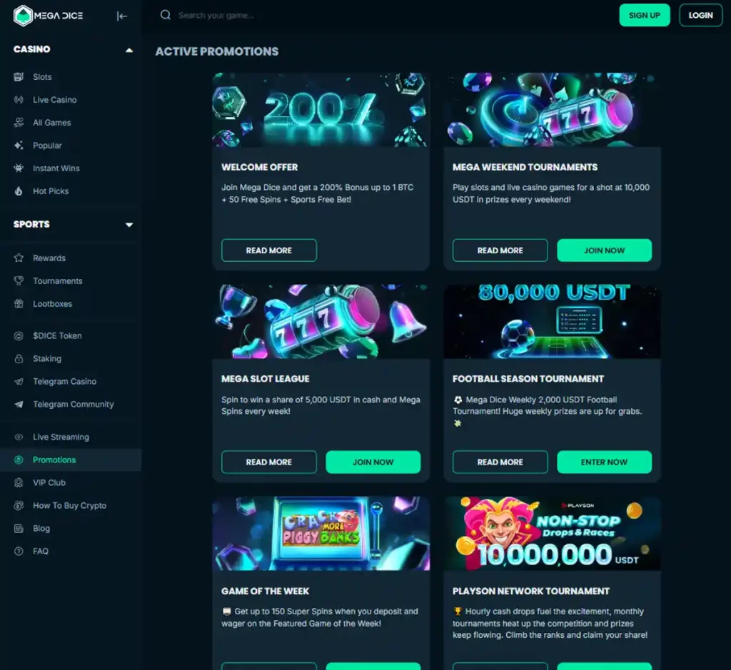 Megadice Casino desktop promotions screenshot showing promotional banners, bonus offers and claim instructions with categories and filter options - tested