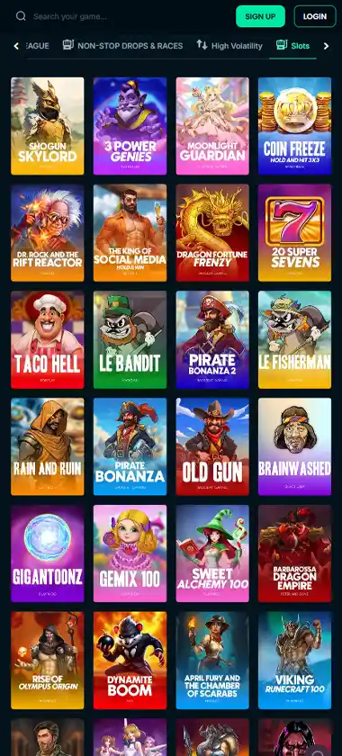 Megadice Casino mobile slot screenshot displaying featured slots, categories and touch-optimized navigation - tested