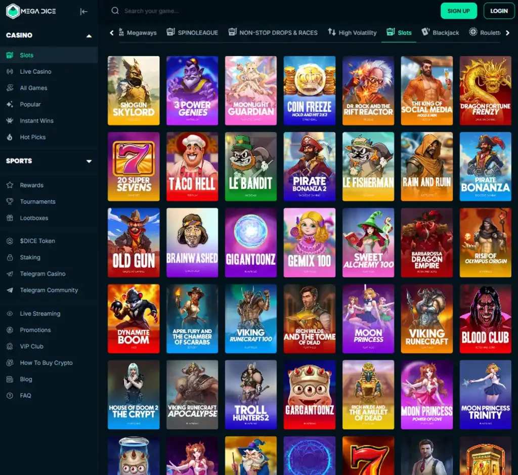 Megadice Casino desktop slots screenshot showing multiple slot categories, featured games and provider filters - tested