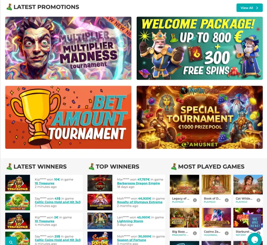 Merlin Casino desktop homepage screenshot displaying main navigation, featured games and promotional banners - tested