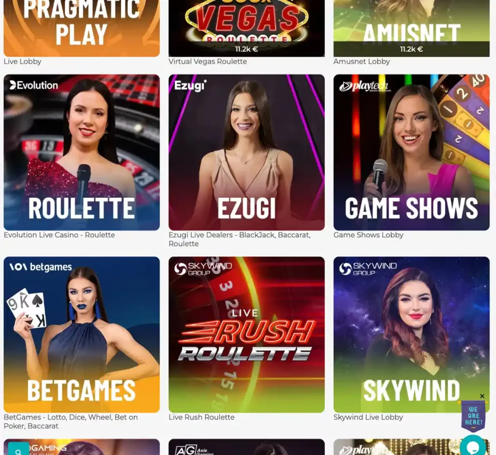 Merlin Casino desktop live casino games collection screenshot displaying available live tables, dealers and categories - tested