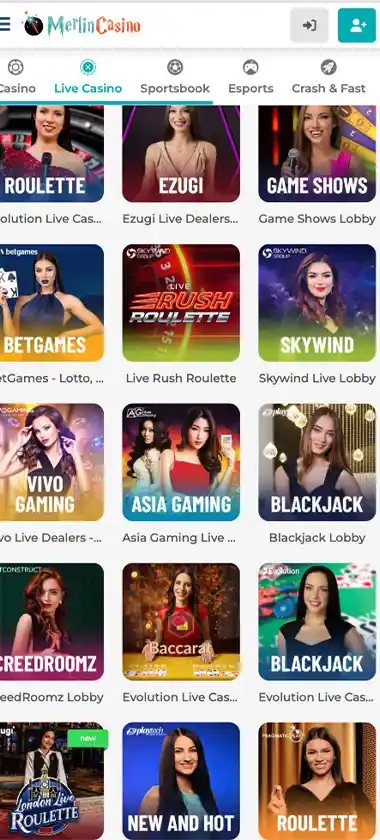 Merlin Casino mobile live casino games collection screenshot displaying available live tables, dealers and touch-optimized navigation - tested