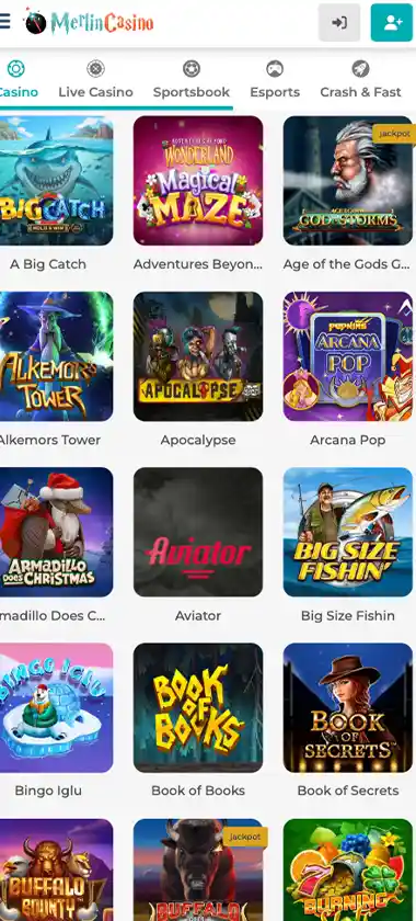Merlin Casino mobile video slots collection screenshot displaying featured video slot titles, categories and touch-optimized navigation - tested