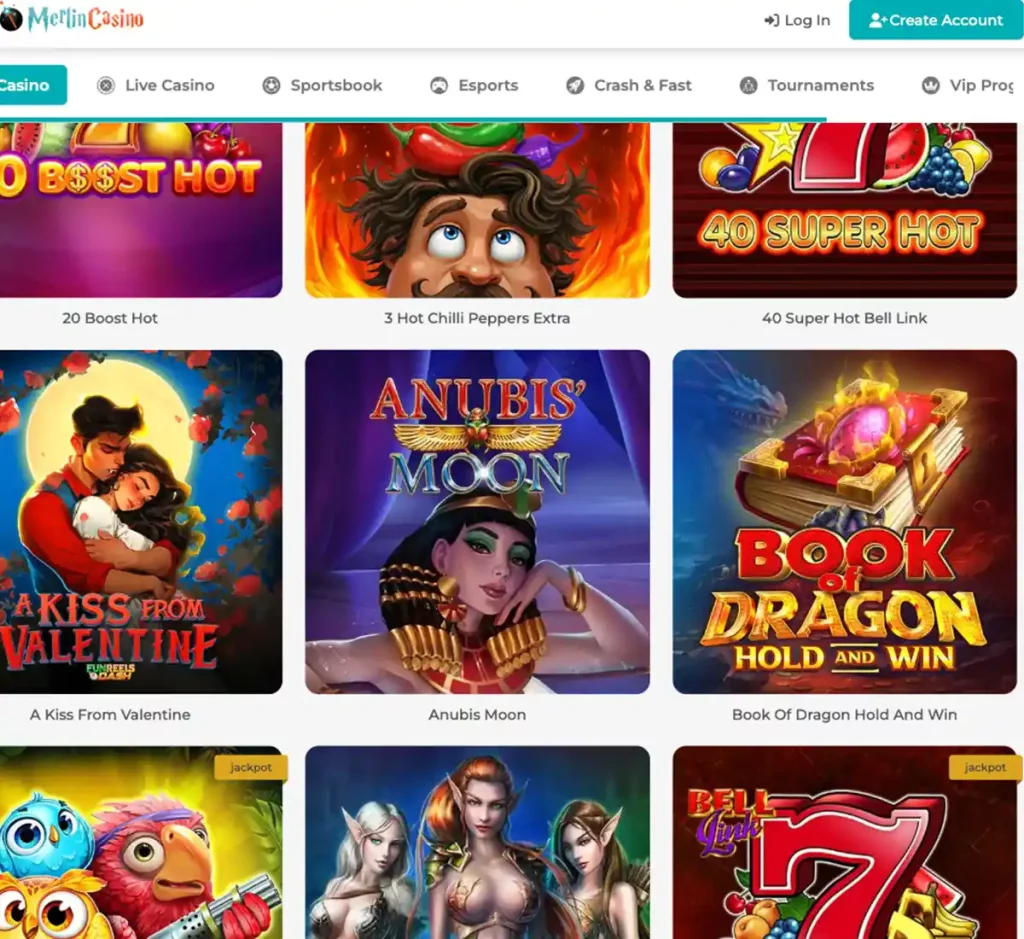Merlin Casino desktop video slots collection screenshot displaying featured video slot titles, game categories and filtering options - tested