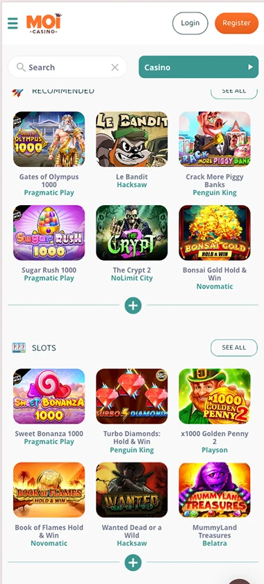 MoiCasino mobile home page screenshot displaying main navigation, featured games and mobile-friendly interface - tested