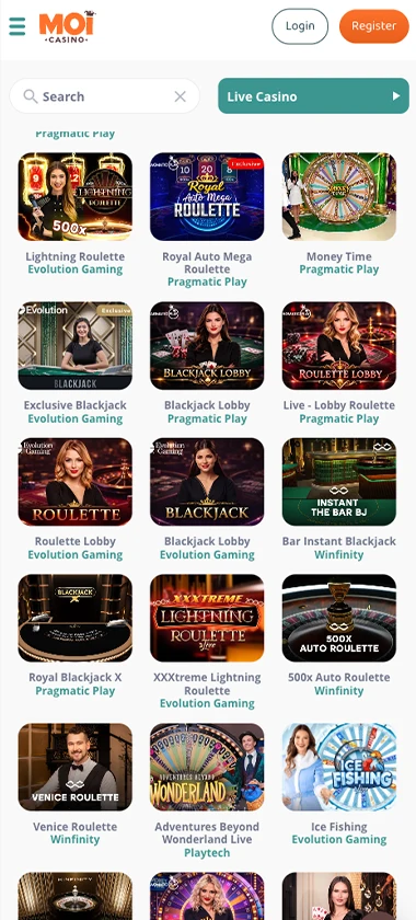 MoiCasino mobile live dealer games collection screenshot displaying available live tables and categories - tested