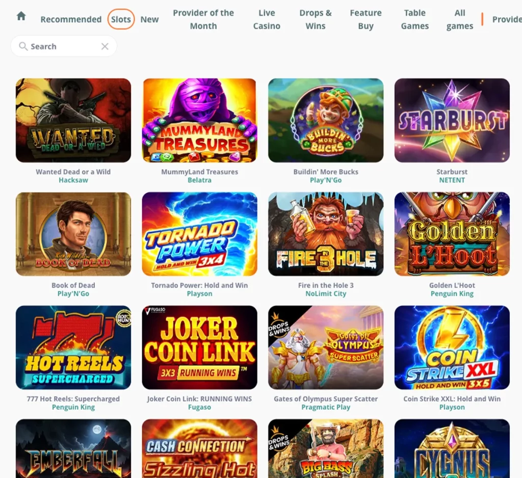 MoiCasino desktop slots variety screenshot showing multiple slot categories, featured games and provider filters - tested