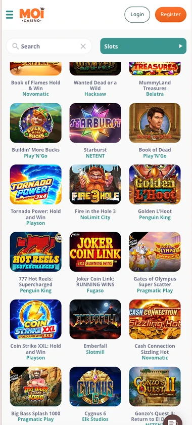 MoiCasino mobile slots variety screenshot displaying featured slots, categories and touch-optimized navigation - tested