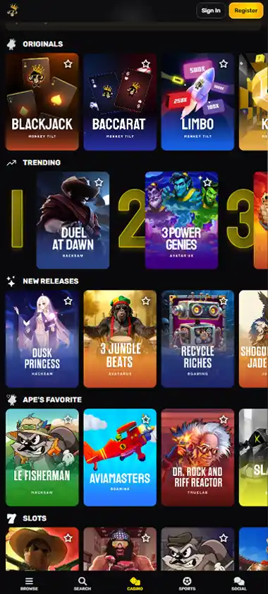 Monkey Tilt Casino mobile homepage screenshot displaying main navigation, featured games and mobile-friendly interface/navigation - tested