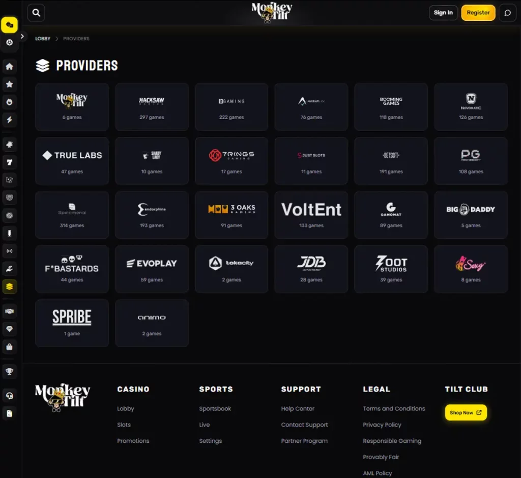 Monkey Tilt Casino desktop software providers screenshot showing available software provider logos, provider list and filtering options with categories, featured games and provider filters - tested