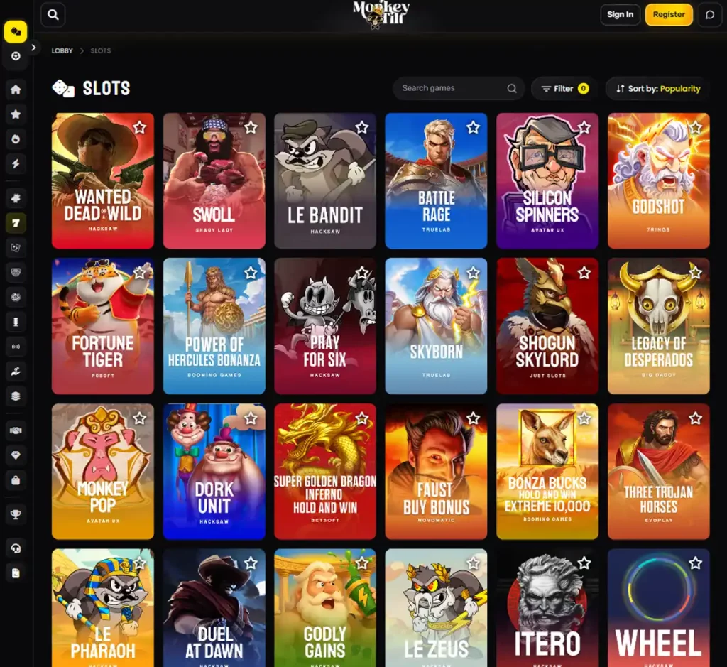 Monkey Tilt Casino desktop slot screenshot showing multiple slot categories, featured games and provider filters - tested