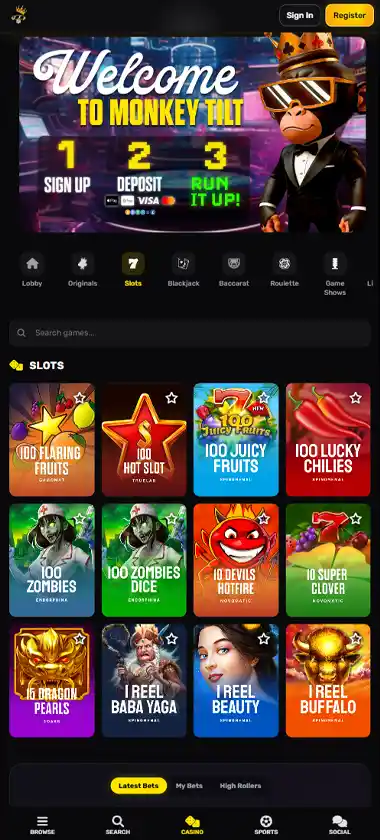 Monkey Tilt Casino mobile slot screenshot displaying featured slots, categories and touch-optimized navigation - tested