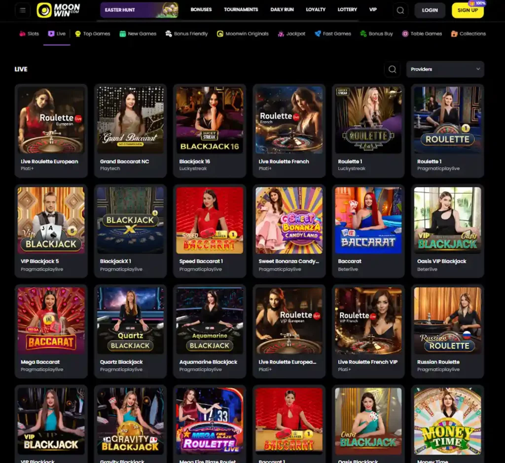 MoonWin Casino desktop live dealer games collection screenshot showing roulette, blackjack and baccarat tables in lobby view with categories and provider filters - tested