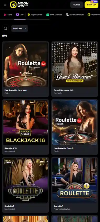 MoonWin Casino mobile live dealer games collection screenshot displaying available live tables and categories with mobile-friendly interface/navigation - tested