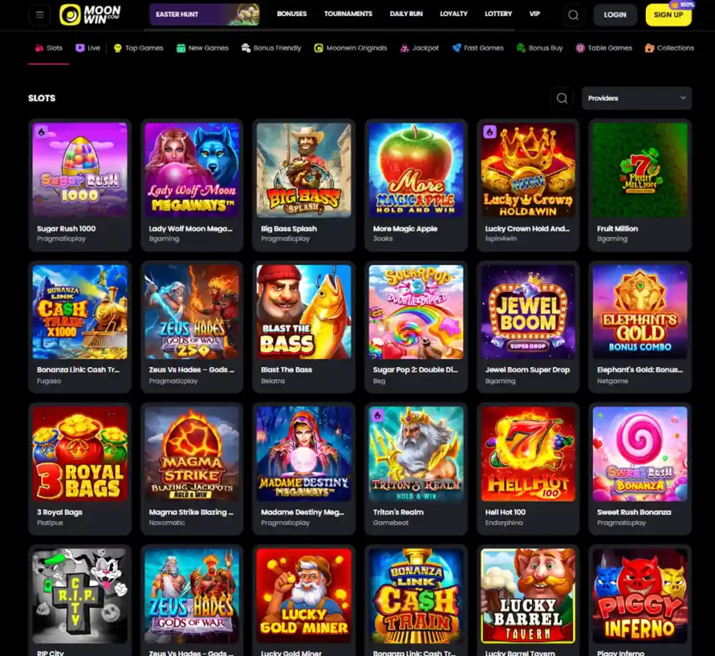 MoonWin Casino desktop slot screenshot showing multiple slot categories, featured games and provider filters - tested