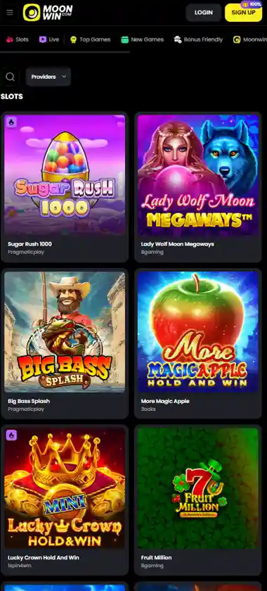 MoonWin Casino mobile slot screenshot displaying featured slots, categories and touch-optimized navigation - tested