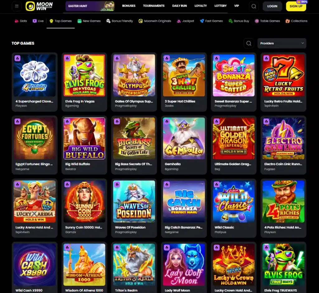 MoonWin Casino desktop top games screenshot showing top games, hot and featured titles and provider filters - tested