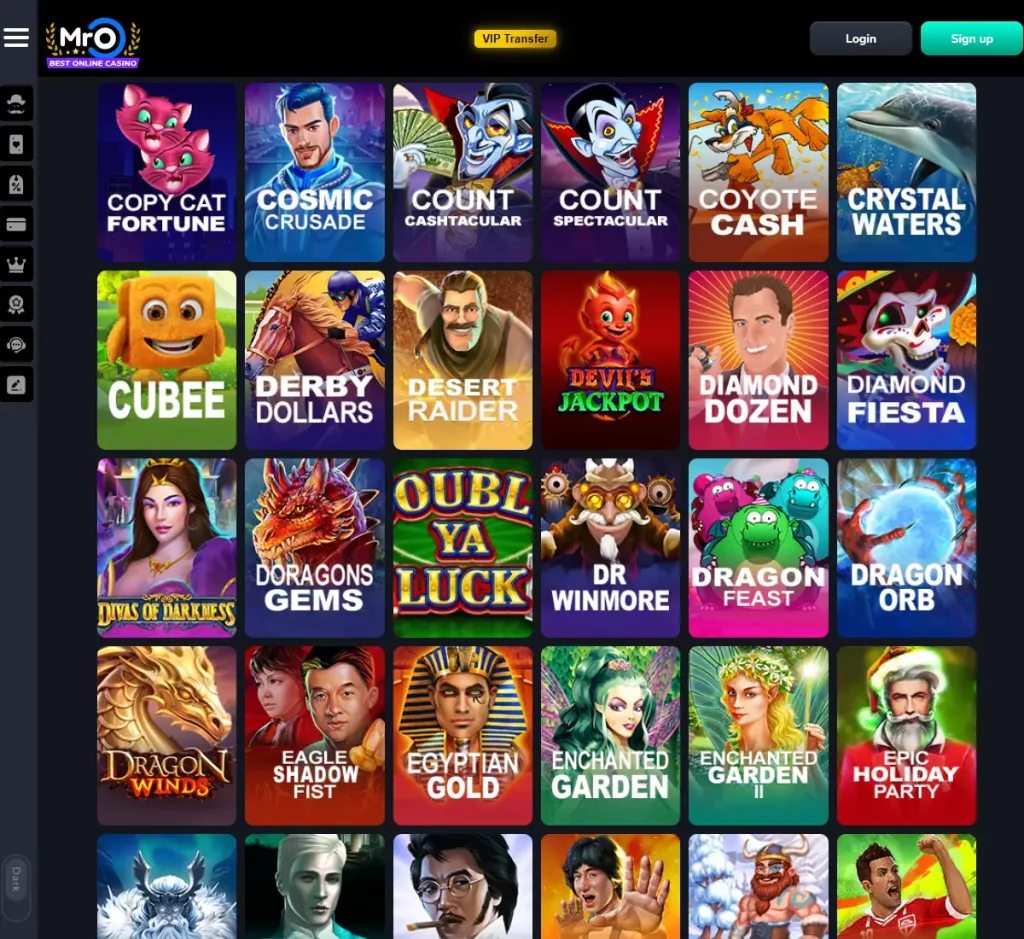 Mr. O Casino desktop slots variety screenshot showing multiple slot categories, featured games and provider filters - tested