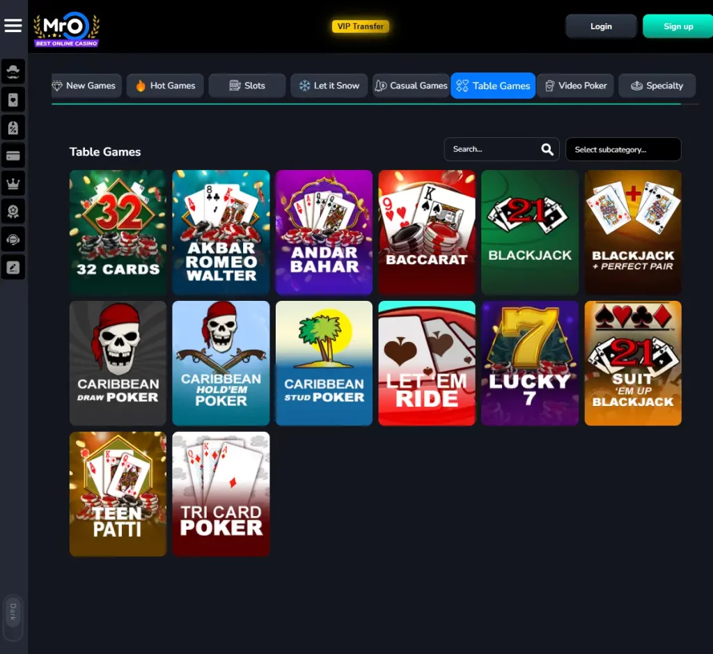 Mr. O Casino desktop table games collection screenshot showing various table games, categories and filtering options - tested