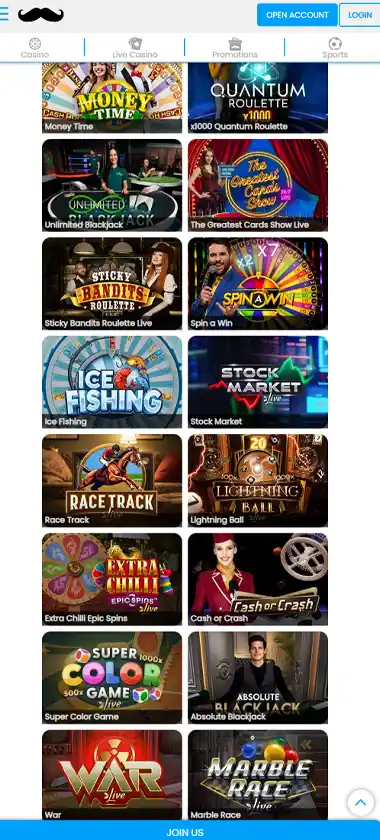 MrPlay Casino mobile live dealer games collection screenshot displaying available live tables and categories with mobile-friendly interface/navigation - tested
