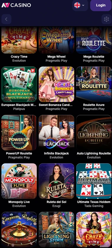 NV Casino mobile live casino games collection screenshot displaying available live tables and categories – tested