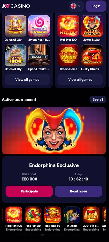 NV Casino mobile home page screenshot showing main navigation, featured games and promotional banners – tested