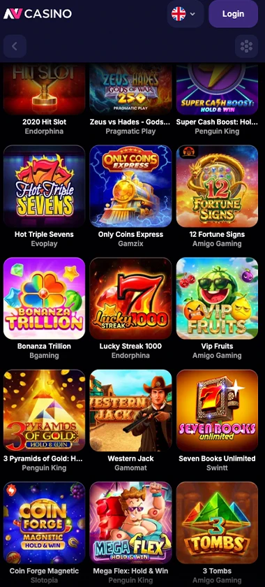 NV Casino mobile slots variety screenshot displaying featured slots, categories and touch-optimized navigation – tested