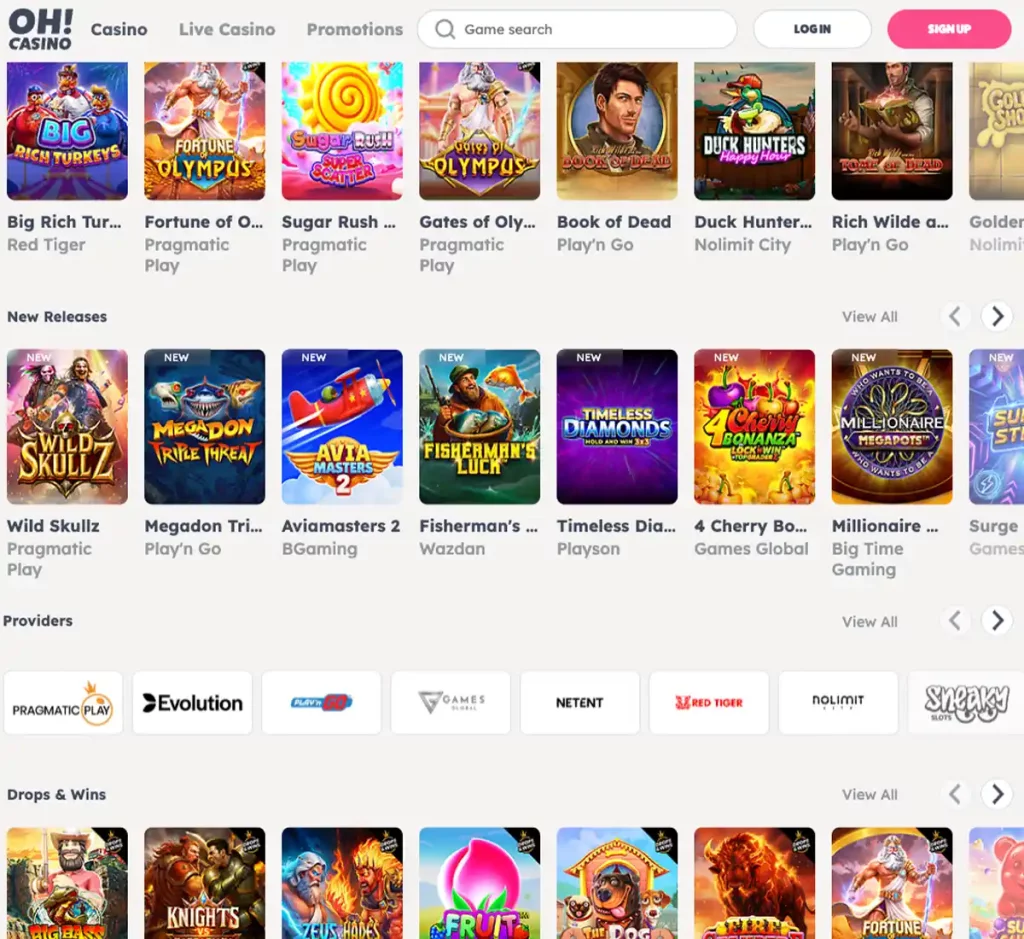 Oh Casino desktop home page screenshot showing main navigation, featured games and promotional banners - tested