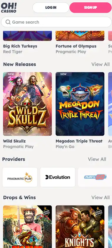 Oh Casino mobile home page screenshot showing main navigation, featured games and promotional banners - tested